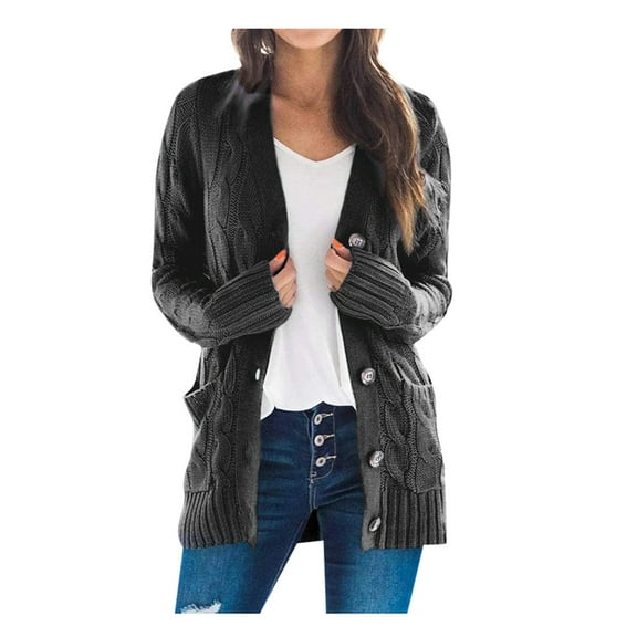Qetyuw Womens Cable Knit Cardigans Button Down Long Sleeve Open Front Cardigan Jacket Fall Winter Casual Coat