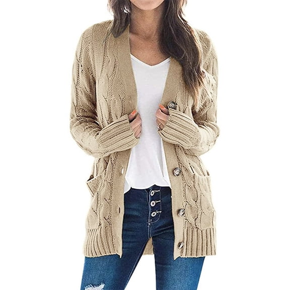 Qetyuw Womens Cable Knit Cardigans Button Down Long Sleeve Open Front Cardigan Jacket Fall Winter Casual Coat