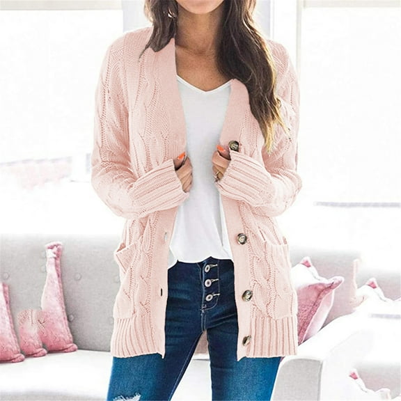 Qetyuw Womens Cable Knit Cardigans Button Down Long Sleeve Open Front Cardigan Jacket Fall Winter Casual Coat