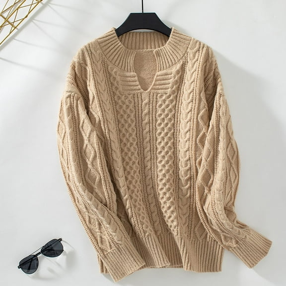 Qetyuw Womens Cable Knitted Sweater Chunky Notched V Neck Long Sleeve Pullover Jumper Solid Color Casual Loose Fit Sweaters