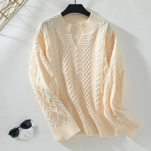 Qetyuw Womens Cable Knitted Sweater Chunky Notched V Neck Long Sleeve Pullover Jumper Solid Color Casual Loose Fit Sweaters