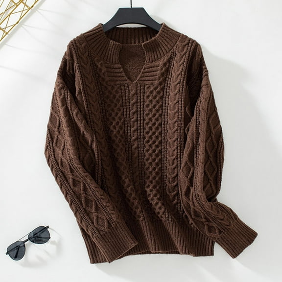 Qetyuw Womens Cable Knitted Sweater Chunky Notched V Neck Long Sleeve Pullover Jumper Solid Color Casual Loose Fit Sweaters