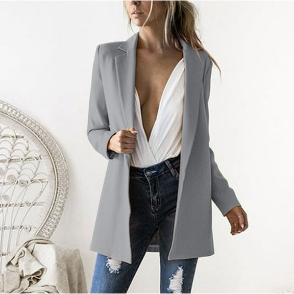 Qetyuw Womens Casual Long Blazer Long Sleeve Lapel Open Front Cardigan Coat Work Office Slim Fit Blazers