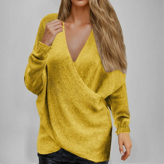 Qetyuw Womens Casual Long Sleeve Sweaters Criss Cross Front V Neck Solid Color Oversized Pullover Jumper Loose Fit Sweater