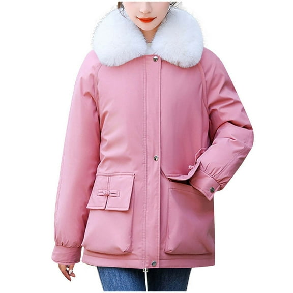 Qetyuw Womens Casual Parka Jacket with Pockets Warm Winter Faux Fur Collared Coats Fuzzy Fleece Lined Jackets with Pockets Thermal Long Sleeve Outerwear