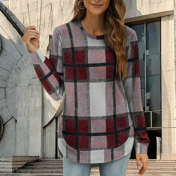 Qetyuw Womens Casual Plaid Pullover Loose Fit Long Sleeve Sweatshirt Curved Hem Crew Neck Sweatshirts