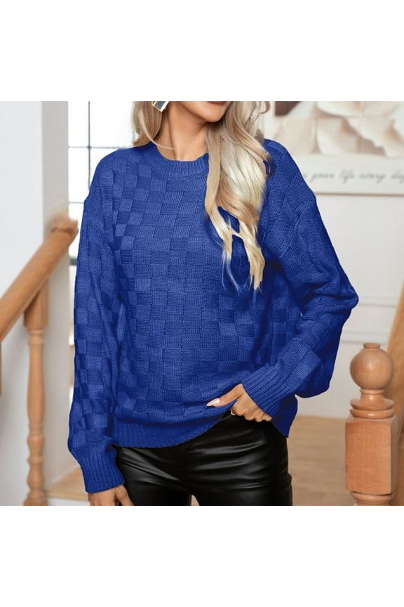 Womens Checkered Knit Sweater Long Sleeve Chunky Pullover Sweaters Casual Crew Neck Loose Fit Jumper