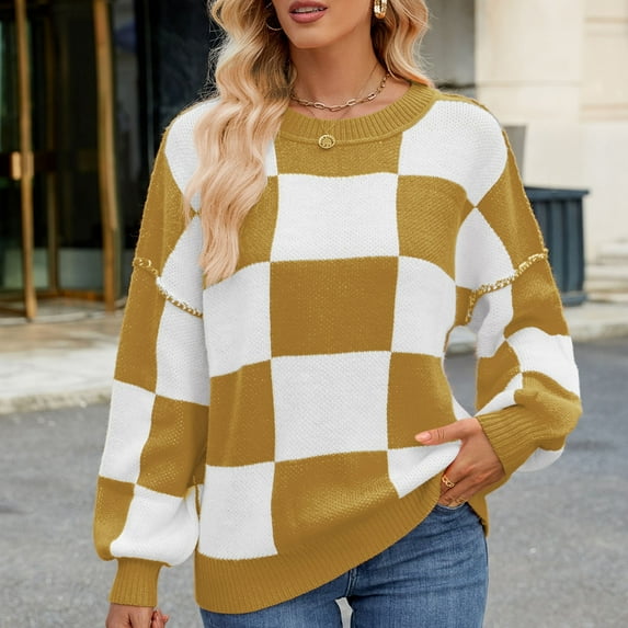 Qetyuw Womens Checkered Knitted Sweater Chunky Lantern Long Sleeve Pullover Jumper Casual Loose Fit Crew Neck Sweaters
