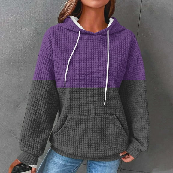 Qetyuw Womens Color Block Waffle Sweatshirt Soft Trendy Long Sleeve Hoodies Casual Knit Drawstring Pullover Tops Loose Hooded Sweatshirt with Pocket