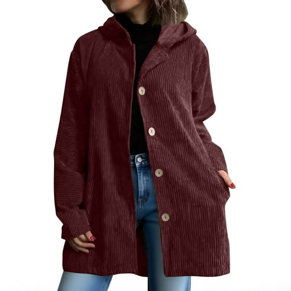 Qetyuw Womens Corduroy Hooded Jacket Long Sleeve Casual Open Front Cardigan Jackets Soft Button Down Coat Outwear