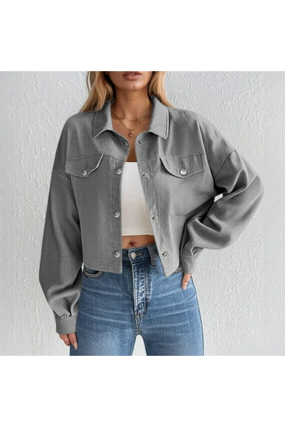 Womens Corduroy Jacket Button Down Cropped Jacket Long Sleeve Turn-Down Collar Outerwear Open Front Cardigan Fall Stretchy Jean Trucker Denim Jacket
