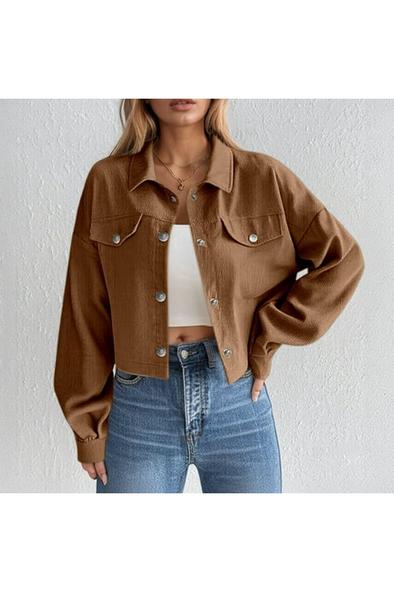 Womens Corduroy Jacket Button Down Cropped Jacket Long Sleeve Turn-Down Collar Outerwear Open Front Cardigan Fall Stretchy Jean Trucker Denim Jacket