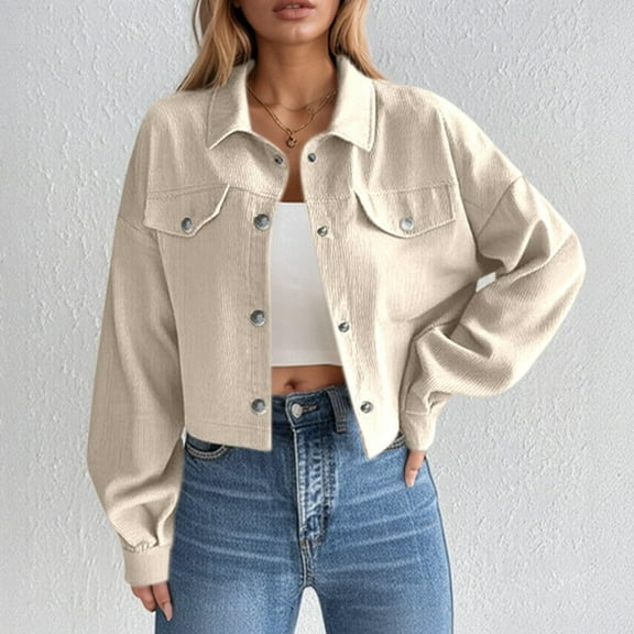 Qetyuw Womens Corduroy Jacket Button Down Cropped Jacket Long Sleeve Turn-Down Collar Outerwear Open Front Cardigan Fall Stretchy Jean Trucker Denim Jacket