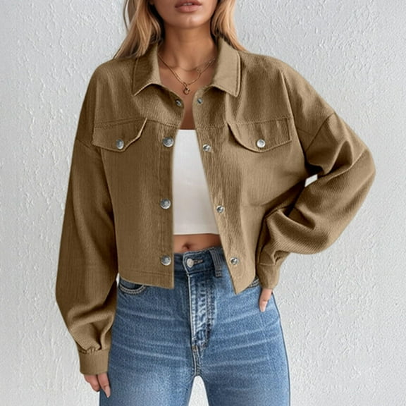 Qetyuw Womens Corduroy Jacket Button Down Cropped Jacket Long Sleeve Turn-Down Collar Outerwear Open Front Cardigan Fall Stretchy Jean Trucker Denim Jacket