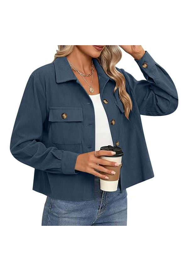 Womens Corduroy Jacket Button Down Shacket Tops Fashion Turndown Collar Cropped Jacket Fall Lightweight Long Sleeve Outerwear with Pockets