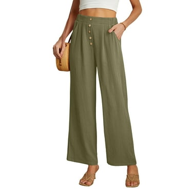 Qetyuw Womens Cotton Linen Ankle Pants with Pockets Casual Straight Wide Leg Trousers Soft Trendy Button-up High Waist Slacks Solid Bottoms
