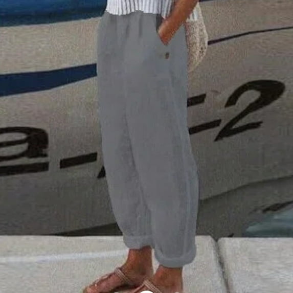 Qetyuw Womens Cotton Pants with Pockets Casual Loose Fit Summer Trousers Comfy Classic Solid Collor Elastic High Wasit Slacks Ladies Daily Bottoms