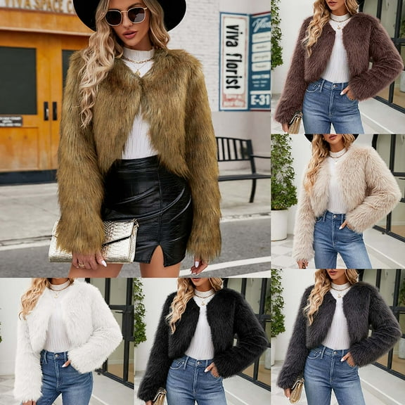 Qetyuw Womens Crop Faux Fur Cardigans Winter Warm Open Front Cardigan Coat Long Sleeve Casual Jacket Outwear