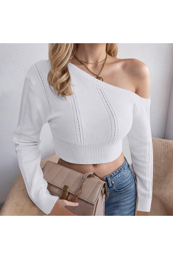 Womens Crop Off Shoulder Sweaters Casual Knit Long Sleeve Pullover Sweater Solid Color Slim Fit Jumpers Top