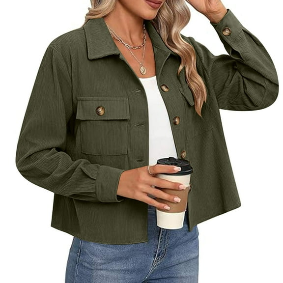 Qetyuw Womens Cropped Corduroy Jackets Button Down Long Sleeve Open Front Jacket Tops Fall Casual Cardigan Coats