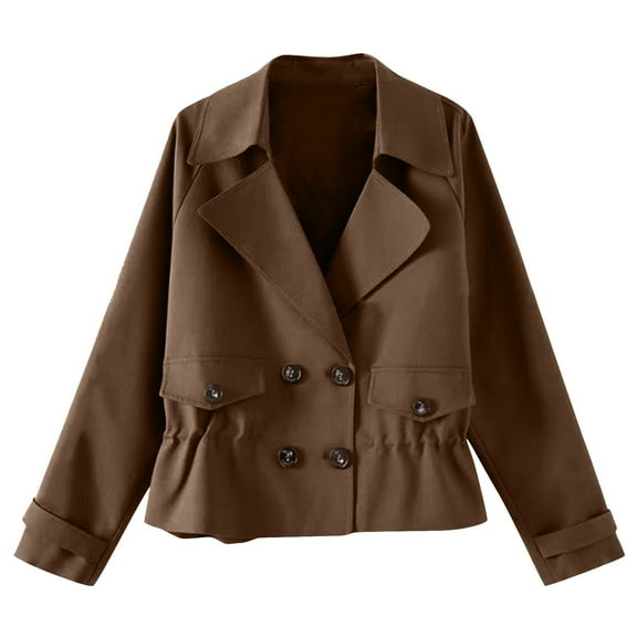 Qetyuw Womens Cropped Jackets Double Breasted Long Sleeve Open Front Trench Coat Fall Winter Casual Coat Outwear