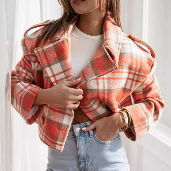 Qetyuw Womens Cropped Plaid Blazer Slim Fit Long Sleeve Open Front Jacket Double Breasted Casual Coat Outwear