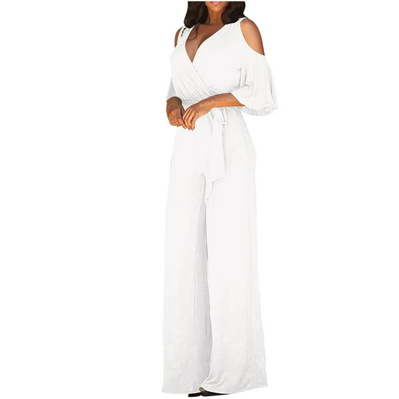 Qetyuw Womens Dressy Jumpsuits 3/4 Sleeve Off-Shoulder Overalls Wrap V Neck Romper High Waist Belted Wide Leg Onesie Elegant Flowy Evening Party Outfits Sets