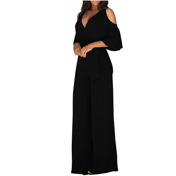 Qetyuw Womens Dressy Jumpsuits 3/4 Sleeve Off-Shoulder Overalls Wrap V Neck Romper High Waist Belted Wide Leg Onesie Elegant Flowy Evening Party Outfits Sets