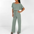 thumbnail image 1 of Qetyuw Womens Dressy Jumpsuits Crewneck Short Sleeve Onesie High Waist Belted Overalls Straight Leg Loose Fit Pants Business Work Office Rompers, 1 of 7