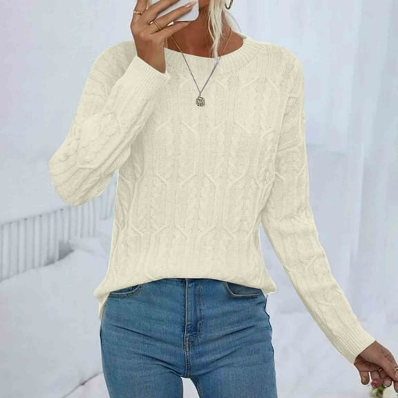 Qetyuw Womens Fall Cable Knit Sweaters Casual Long Sleeve Jumper Chunky Crew Neck Sweater Solid Color Slim Fit Jumpers