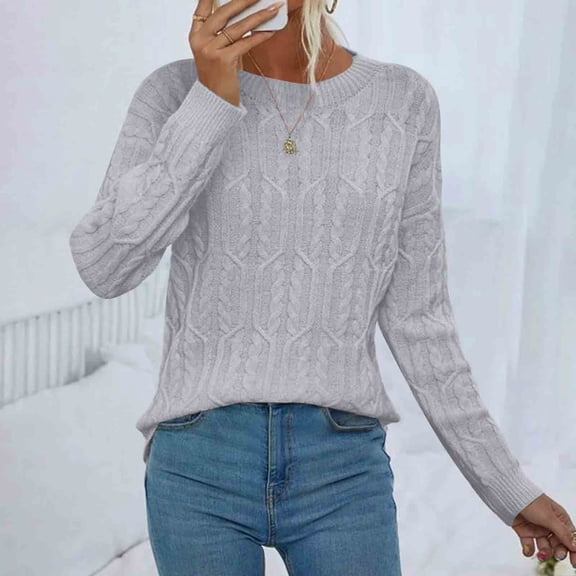 Qetyuw Womens Fall Cable Knit Sweaters Casual Long Sleeve Jumper Chunky Crew Neck Sweater Solid Color Slim Fit Jumpers