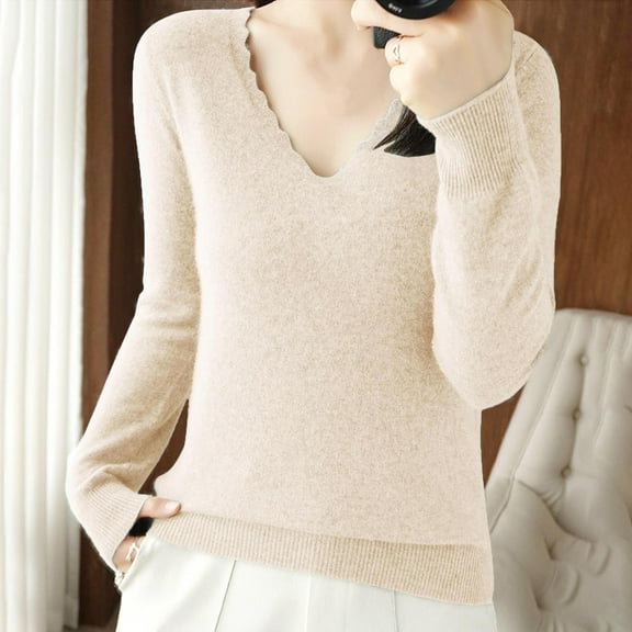 Qetyuw Womens Fall Casual Sweaters Long Sleeve V Neck Basic Pullover Sweater Solid Color Lightweight Slim Fit Jumper