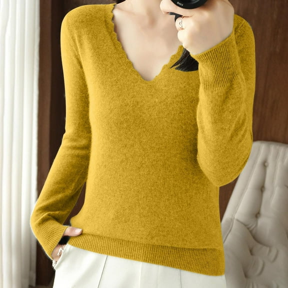Qetyuw Womens Fall Casual Sweaters Long Sleeve V Neck Basic Pullover Sweater Solid Color Lightweight Slim Fit Jumper