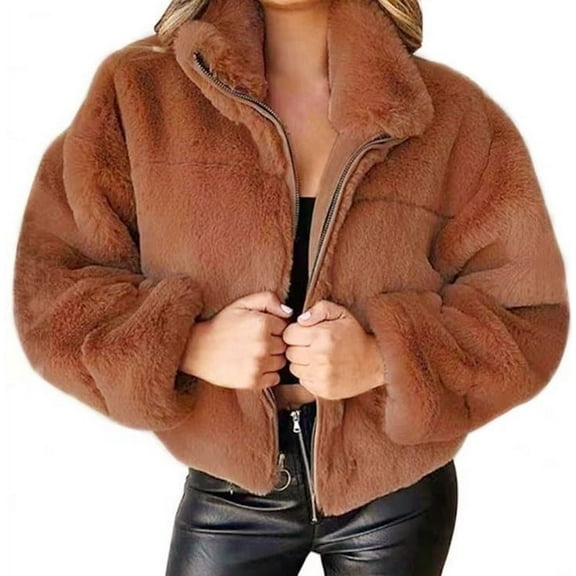 Qetyuw Womens Faux Fur Jacket Winter Plus Size Long Sleeve Coat Full Zip Up Casual Warm Cardigan Jackets