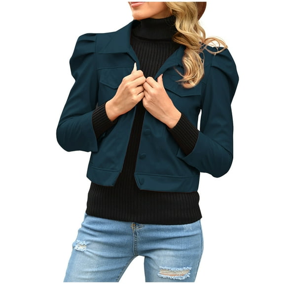 Qetyuw Womens Faux Leather Crop Jacket Ruffle 3/4 Sleeve Moto Jackets Lapel Button Down Casual Coat Outwear
