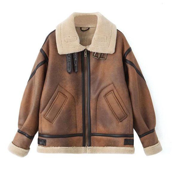 Qetyuw Womens Fleece Faux Leather Jackets Winter Patchwork Fur Coat Warm Long Sleeve Moto Biker Jackets Full Zipper Sherpa Shacket