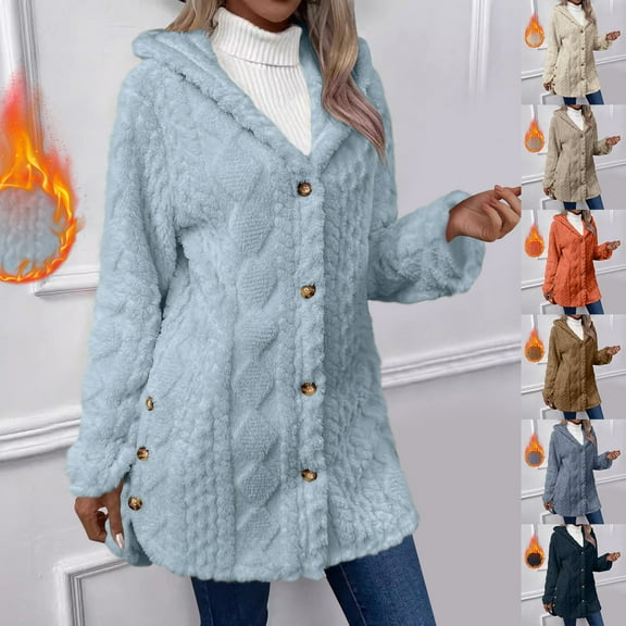 Qetyuw Womens Fleece Jacket Fuzzy Sherpa Button Down Hooded Jackets Warm Casual Winter Coats with Pockets