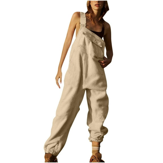 Qetyuw Womens Fleece Overalls Loose Fit Adjustable Straps Jumpsuits Trendy Wide Leg Baggy Bib Pants Winter Warm Sherpa Casual Streetwear Romper
