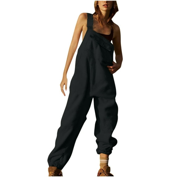 Qetyuw Womens Fleece Overalls Loose Fit Adjustable Straps Jumpsuits Trendy Wide Leg Baggy Bib Pants Winter Warm Sherpa Casual Streetwear Romper