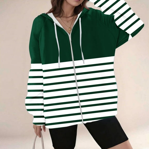 Qetyuw Womens Full Zip Up Hoodies Striped Long Sleeve Hooded Jacket Oversized Casual Cardigan with Pocket