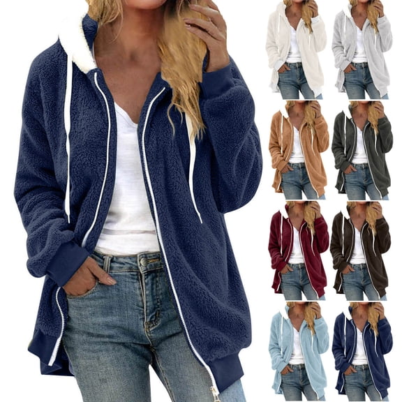 Qetyuw Womens Fuzzy Fleece Jackets Full Zip Up Warm Casual Winter Coats Sherpa Soft Comfy Hooded Jackets
