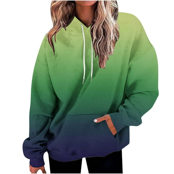 Qetyuw Womens Gradient Color Hoodies Loose Drawstring Hooded Sweatshirts Drop Shoulder Long Sleeve Workout Tops with Pockets Plus Crew Neck Pullover