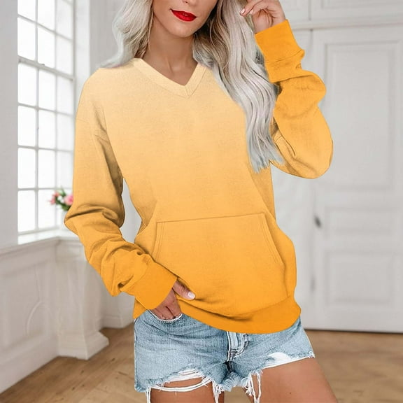Qetyuw Womens Gradient Sweatshirt Drop Shoulder Long Sleeve V Neck Pullover Casual Loose Fit Sweatshirts with Pocket