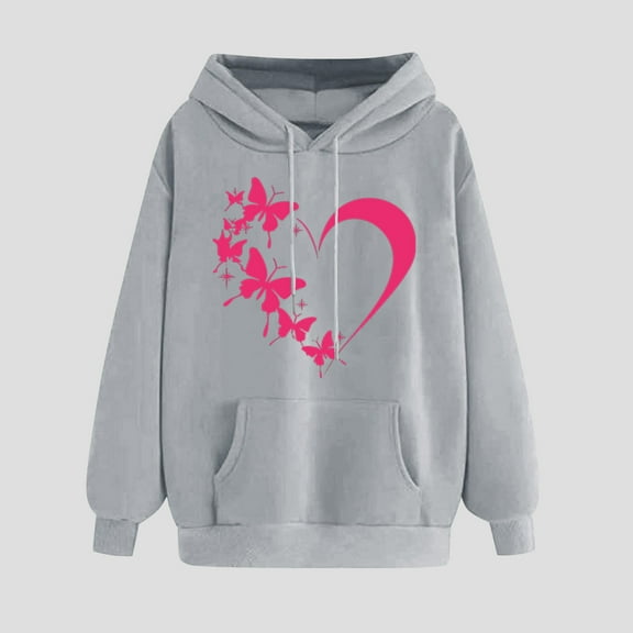 Qetyuw Womens Heart&Butterfly Print Hoodies Oversized Graphic Sweatshirt with Pocket Winter Long Sleeve Pullover Fashion Comfortable Sweatshirt