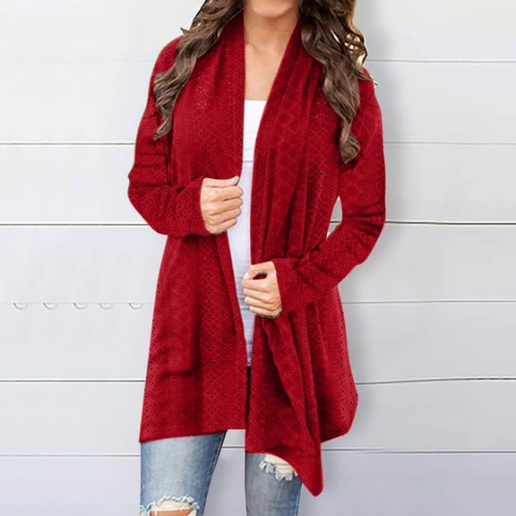 Qetyuw Womens Hollow Out Knit Cardigan Long Sleeve Casual Open Front Swater Cardigans Fall Solid Lightweight Coat
