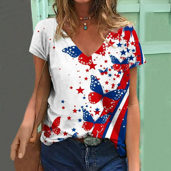 Qetyuw Womens Independence Day Shirts Plus Size Patriotic Red White and Blue Print Tshirts Cute Short Sleeve Tees Flowy V Neck Blouses Tops Plus Size Tops for Women