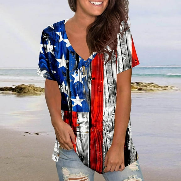 Qetyuw Womens Independence Day Shirts Summer Patriotic Stars and Stripes Graphic Tshirts Cute Short Sleeve Tees Trendy V Neck Blouses Tops Going Out Tops for Women
