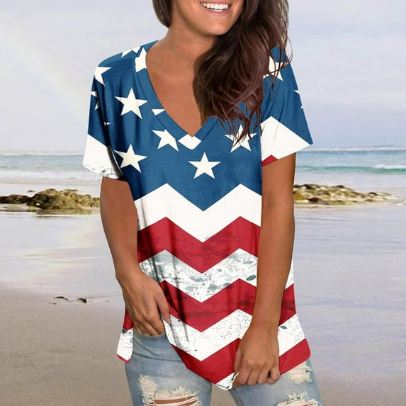 Qetyuw Womens Independence Day Shirts Summer Patriotic USA Flag Pattern Tshirts Cute Short Sleeve Tees Lightweight V Neck Blouses Tops Y2k Tops