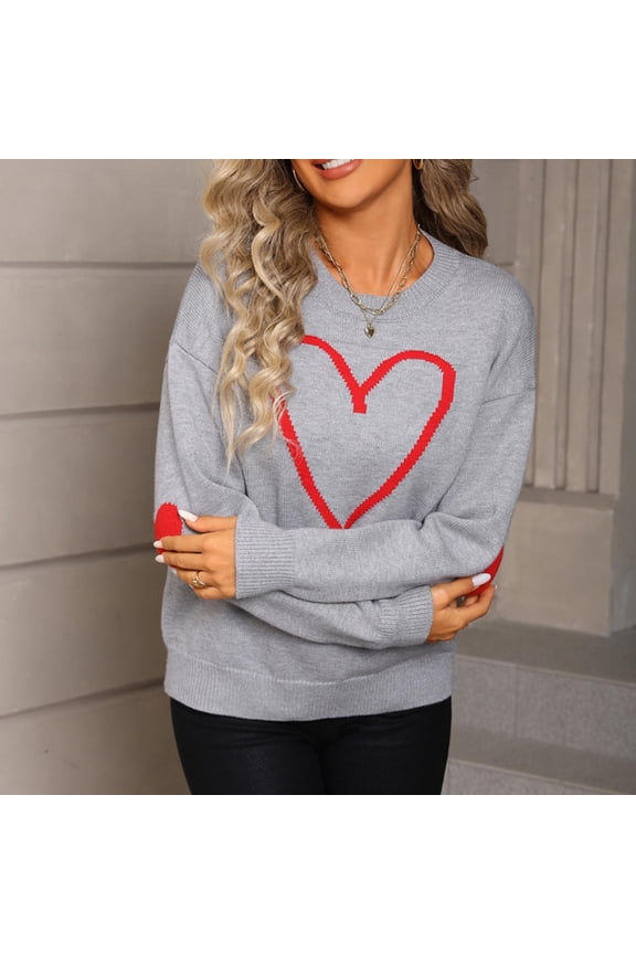 Womens Knit Heart Print Sweaters Casual Long Sleeve Crew Neck Pullover Jumper Chunky Loose Fit Sweater