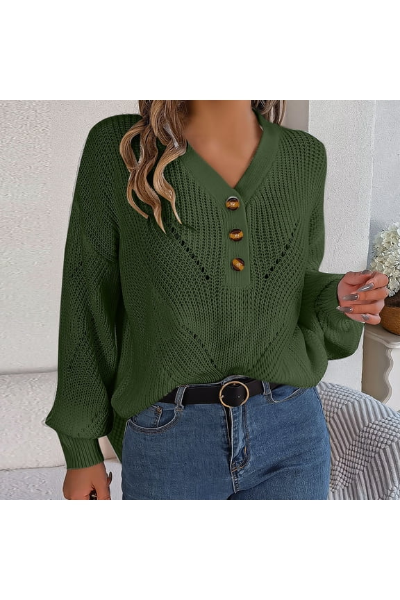 Womens Lantern Long Sleeve Sweater Hollow Out Button Up V Neck Jumper Oversized Chunky Sweaters Fall Casual Jumpers